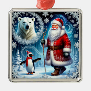 Santa Claus With Polar Bear And Penguin Metal Tree Decoration