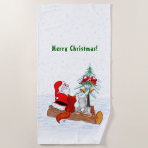 Santa Claus with Rabbit Fox and Squirrel Beach Towel