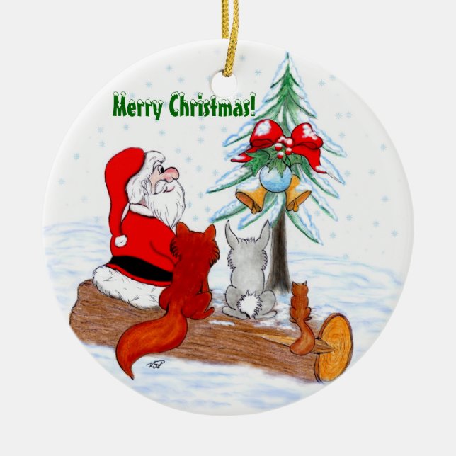 Santa Claus with Rabbit Fox and Squirrel Ceramic Tree Decoration (Front)