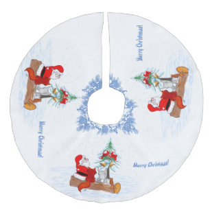 Santa Claus with Rabbit Fox and Squirrel Faux Linen Tree Skirt