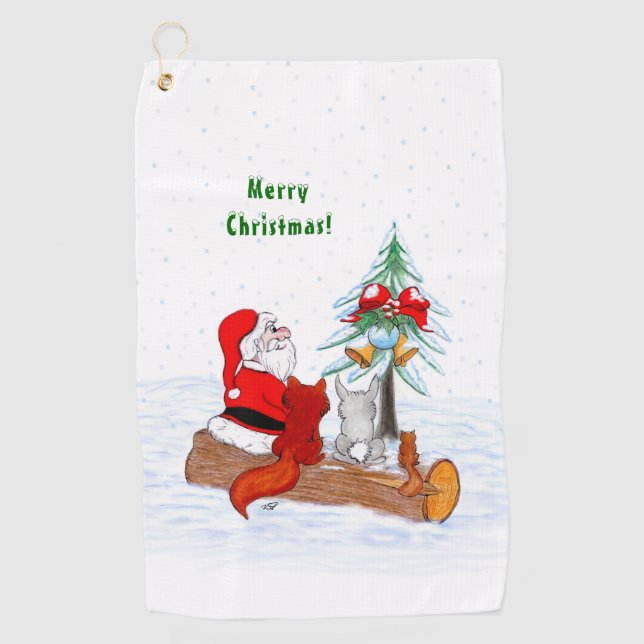 Santa Claus with Rabbit Fox and Squirrel Golf Towel (Front)