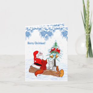 Santa Claus with Rabbit Fox and Squirrel Holiday Card