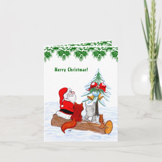 Santa Claus with Rabbit Fox and Squirrel Holiday Card (Front)