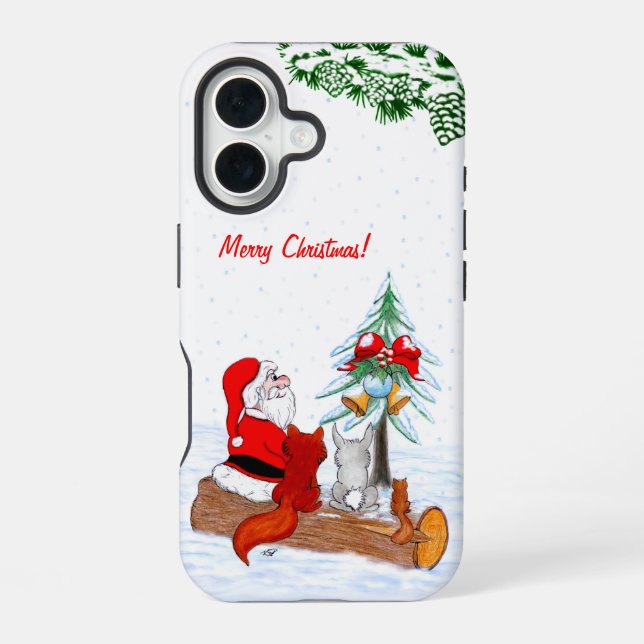 Santa Claus with Rabbit Fox and Squirrel iPhone 16 Case (Back)