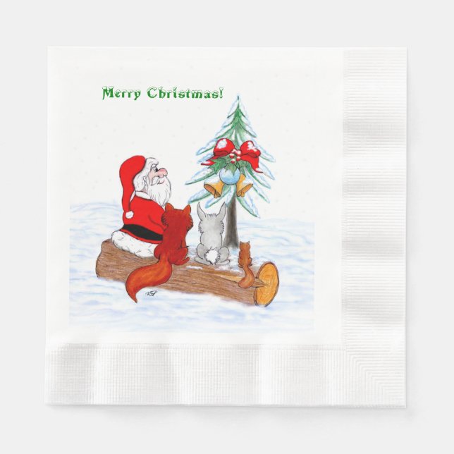 Santa Claus with Rabbit Fox and Squirrel Napkin (Front)