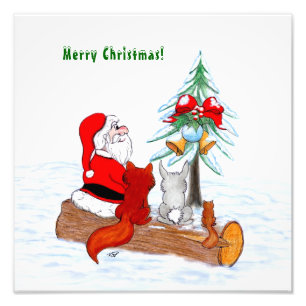 Santa Claus with Rabbit Fox and Squirrel Photo Print