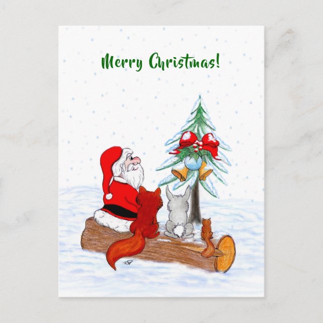 Santa Claus with Rabbit Fox and Squirrel Postcard (Front)