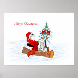 Santa Claus with Rabbit Fox and Squirrel Poster