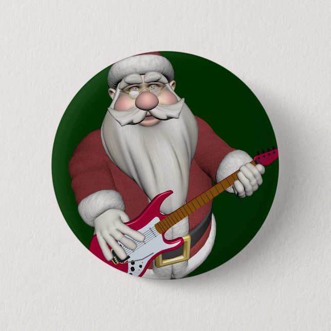Santa Claus With Red Electric Guitar 6 Cm Round Badge (Front)