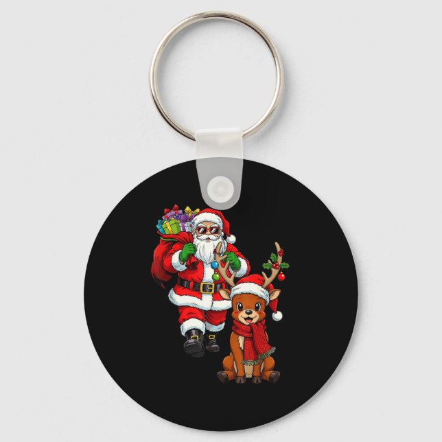 Santa Claus With Reindeer And Cool Christmas  Key Ring (Front)