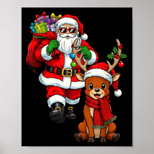 Santa Claus With Reindeer And Cool Christmas  Poster