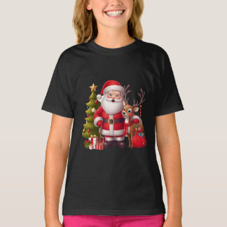 Santa Claus with Reindeer and Festive Tree - Heart T-Shirt
