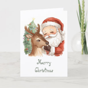 Santa Claus with reindeer & whimsical Christmas Card