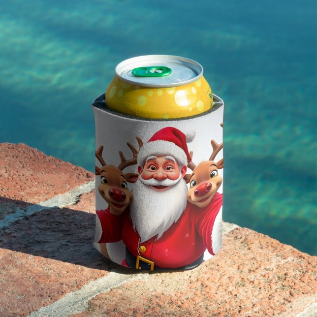 Santa Claus with Reindeers Celebrating Christmas Can Cooler (In Situ Pool)