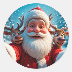 Santa Claus with Reindeers Celebrating Christmas Classic Round Sticker