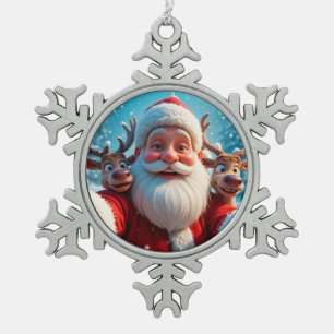 Santa Claus with Reindeers Celebrating Christmas Snowflake Pewter Christmas Ornament