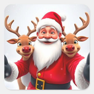 Santa Claus with Reindeers Celebrating Christmas Square Sticker