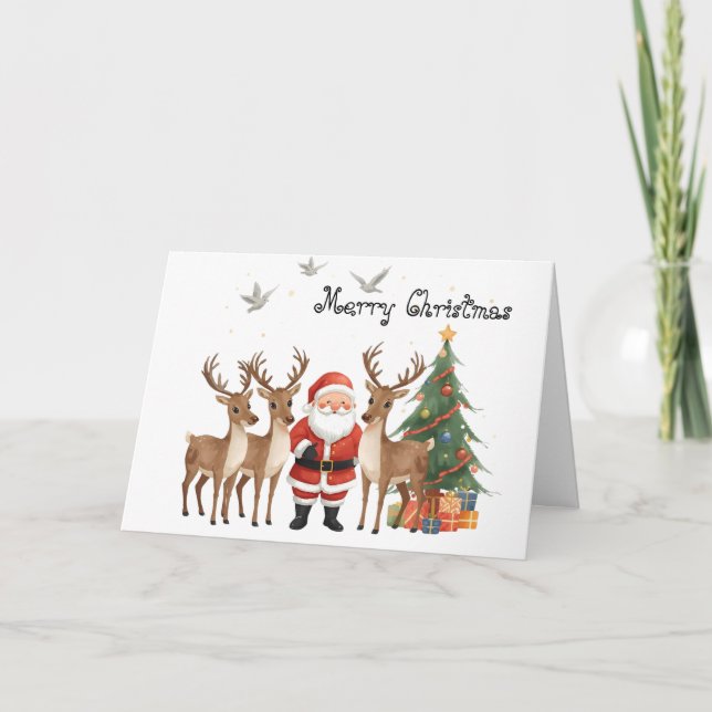 Santa Claus with reindeers whimsical Greeting Card (Front)