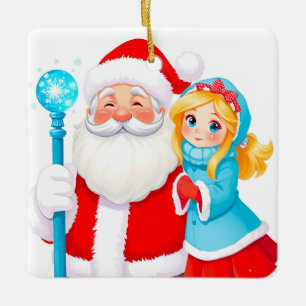 Santa Claus With Snow Maiden in Winter Attire Ceramic Ornament