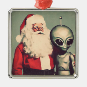 Santa Claus with Space Alien Sci Fi Christmas  Metal Tree Decoration