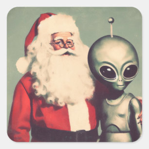 Santa Claus with Space Alien Sci Fi Christmas  Square Sticker