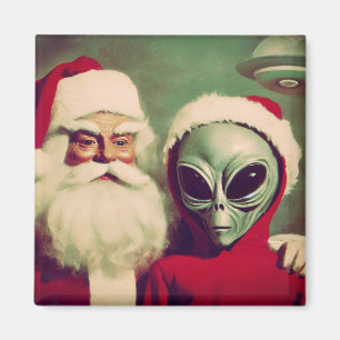 Santa Claus with Space Alien UFO Christmas Magnet