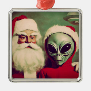 Santa Claus with Space Alien UFO Christmas  Metal Tree Decoration