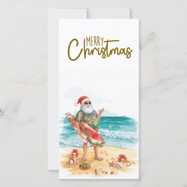 Santa Claus with Surf Board Christmas tropical  Holiday Card (Front)