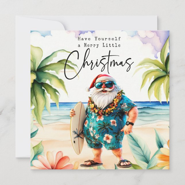 Santa Claus with Surf Board from Hawaii  Christmas Holiday Card (Front)