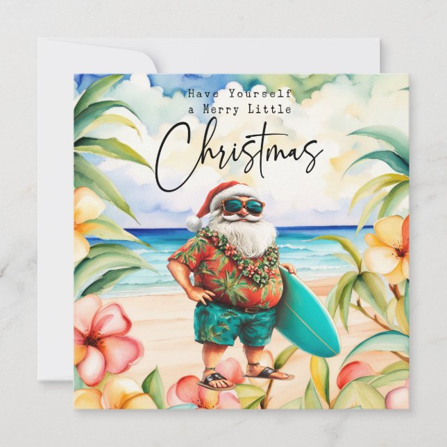 Santa Claus with Surf Board from Hawaii  Christmas Holiday Card (Front)