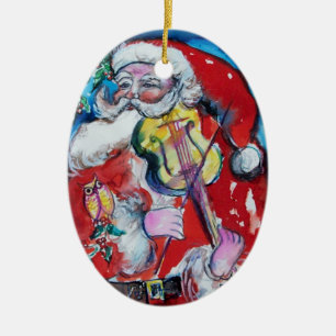SANTA CLAUS WITH VIOLIN,MUSICAL CHRISTMAS Red Ruby Ceramic Tree Decoration