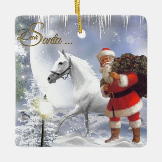Santa Claus With White Horse Ceramic Ornament (Front)