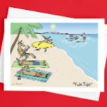 Santa Clause and Reindeer Beach Vacation Christmas<br><div class="desc">Humourous Christmas Card. Cartoon of Santa and his reindeer on a sunny tropical beach vacation. Shirtless Santa Clause in red swimming trunks is riding the waves. One reindeer is running with a surfboard. Other reindeer are tanning or reading on the sand. The title is “Yule Tide.” Inside of card: “warmest...</div>