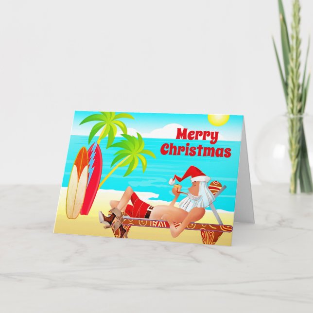 Santa Clause and Surfboards Merry Christmas Beach Holiday Card (Front)