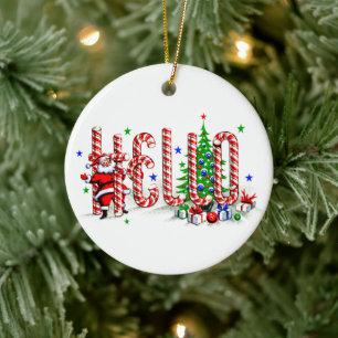 Santa Clause Candy Canes Hello Christmas Art Ceramic Tree Decoration