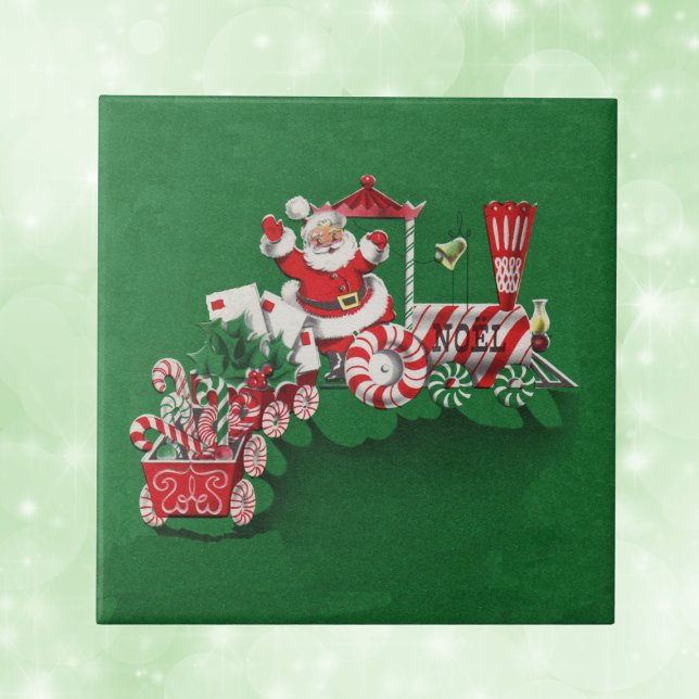 Santa Clause Candy Train Tile (Santa riding red and white train with letters candy canes with peppermint wheels on green tile.)