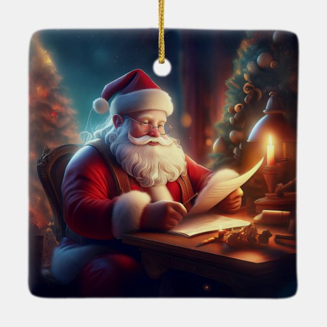Santa Clause Checking Wish List Letters Ceramic Ornament (Back)