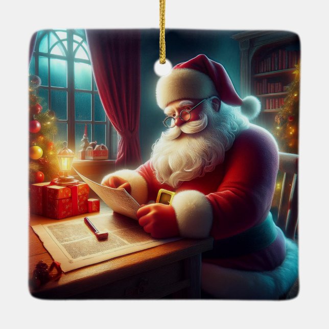 Santa Clause Checking Wish List Letters Ceramic Ornament (Back)