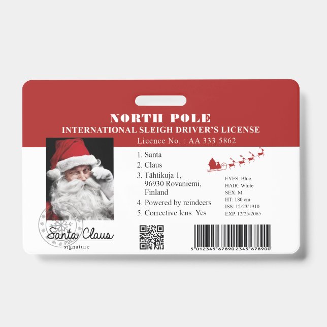 Santa Clause faux lost Driving License Badge ID Badge (Front)