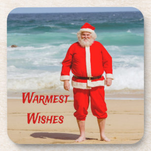 Santa Clause on Beach Warmest Wishes Funny Humor Coaster