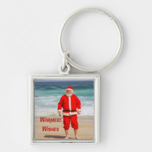 Santa Clause on Beach Warmest Wishes Funny Humor Key Ring