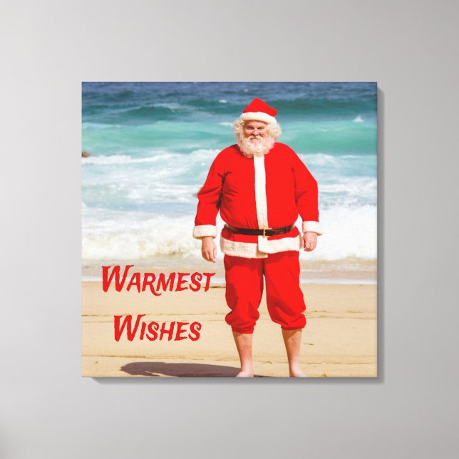 Santa Clause on Beach Warmest Wishes Funny Humour Canvas Print (Front)