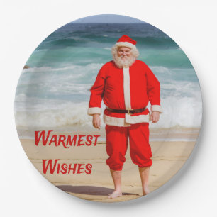 Santa Clause on Beach Warmest Wishes Funny Humour Paper Plate