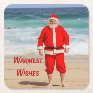 Santa Clause on Beach Warmest Wishes Funny Humour Square Paper Coaster