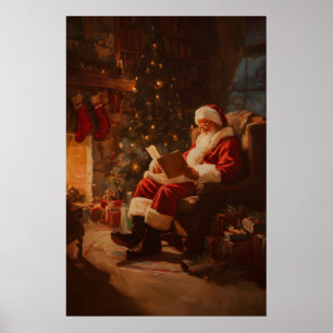 Santa Clause Reading by the Fire Print, Vintage Poster
