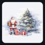 Santa Clause snow Christmas tree and presents Square Sticker<br><div class="desc">Santa clause with presents and a Christmas tree in the snow.</div>