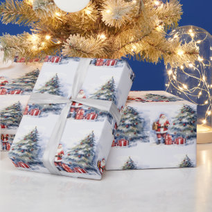 Santa Clause with Christmas tree snowy landscape Wrapping Paper