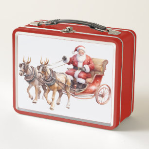 Santa Clause with horses wearing reindeer antlers Metal Lunch Box