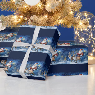 Santa Clause with reindeer sleigh snowy landscape Wrapping Paper
