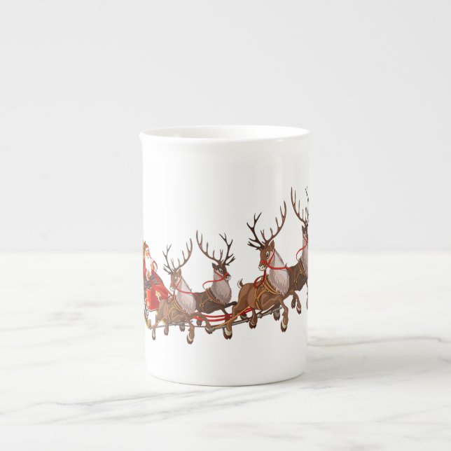 Santa Clause with reindeers pulling his sleigh Bone China Mug (Front)